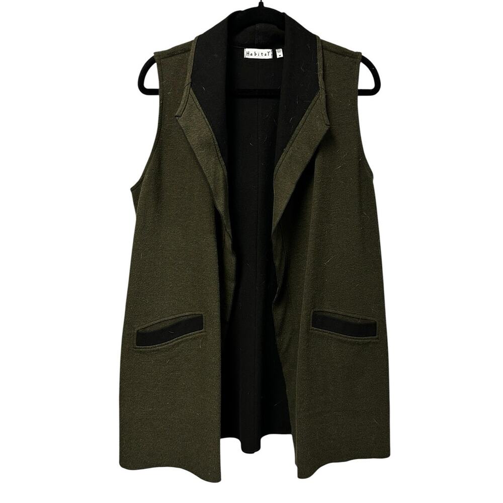 Habitat Olive Green Black Contrast Trim Open Front Long Vest Womens Medium